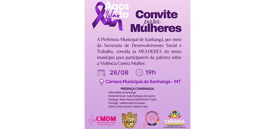 Itanhangá: Prefeitura convida para uma importante palestra na próxima quinta-feira, 28/08